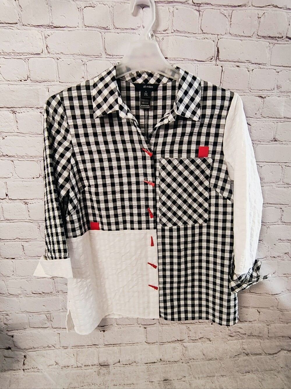 Ali Miles Gingham Plaid Crinkled Button Shirt Medium NWT Lagenlook Patchwork